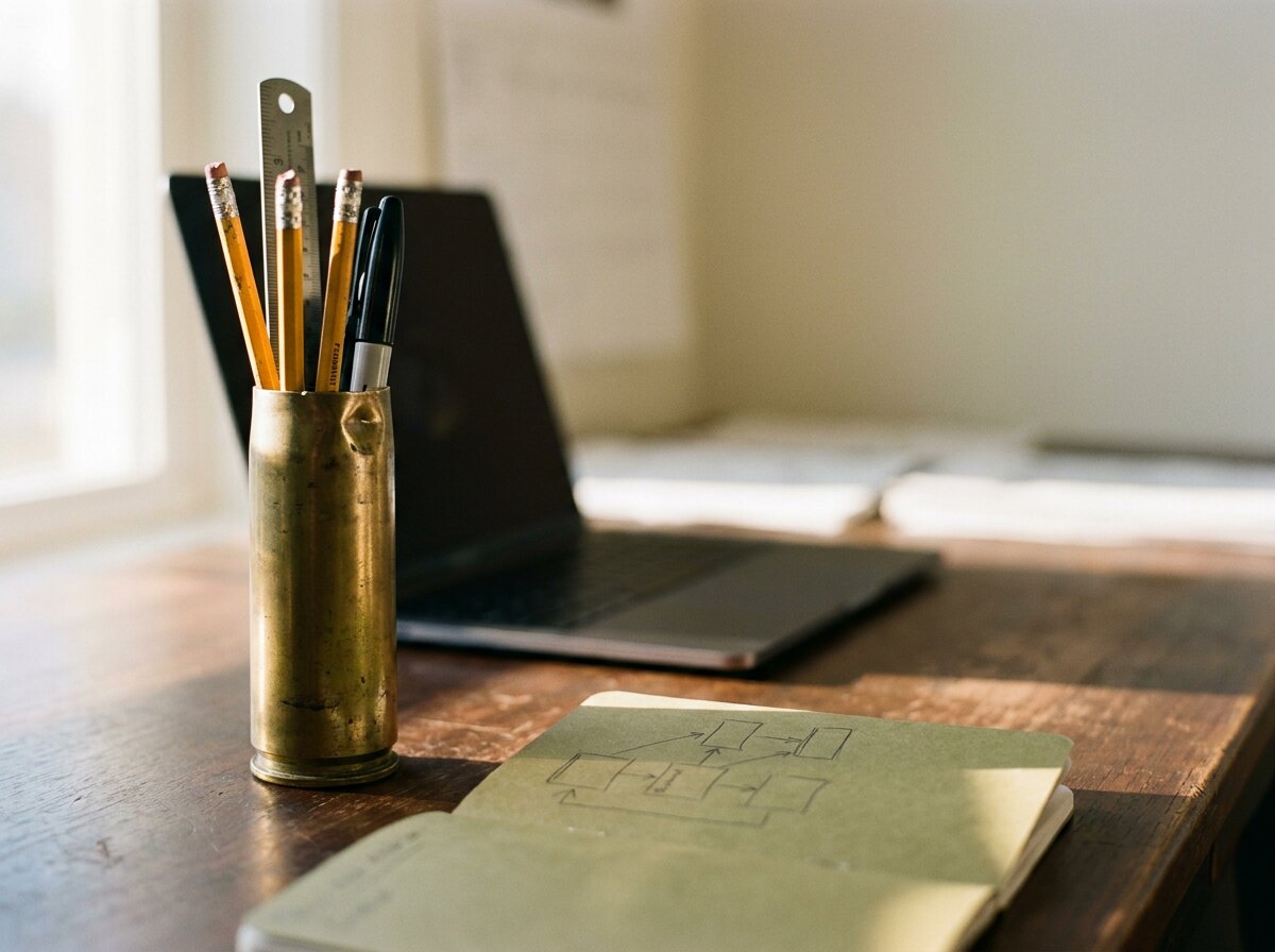 A brass artillery shell casing used as a pencil cup beside a field notebook with a system sketch